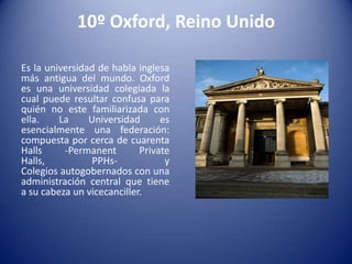 10º Oxford, Reino Unido
Es la universidad de habla inglesa
más antigua del mundo. Oxford
es una universidad colegiada la
cual puede resultar confusa para
quién no este familiarizada con
ella.
La
Universidad
es
esencialmente una federación:
compuesta por cerca de cuarenta
Halls
-Permanent
Private
Halls,
PPHsy
Colegios autogobernados con una
administración central que tiene
a su cabeza un vicecanciller.

 