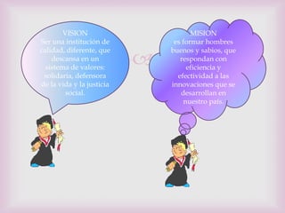 VISION                        MISION
Ser una institución de          es formar hombres
calidad, diferente, que        buenos y sabios, que
    descansa en un
  sistema de valores:
                                 respondan con
                                     eficiencia y
 solidaria, defensora            efectividad a las
de la vida y la justicia       innovaciones que se
         social.                  desarrollan en
                                    nuestro país.
 
