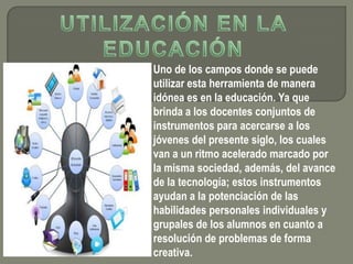 Uno de los campos donde se puede
utilizar esta herramienta de manera
idónea es en la educación. Ya que
brinda a los docentes conjuntos de
instrumentos para acercarse a los
jóvenes del presente siglo, los cuales
van a un ritmo acelerado marcado por
la misma sociedad, además, del avance
de la tecnología; estos instrumentos
ayudan a la potenciación de las
habilidades personales individuales y
grupales de los alumnos en cuanto a
resolución de problemas de forma
creativa.
 