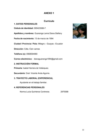 12
ANEXO 1
Currículo
1. DATOS PERSONALES
Cédula de identidad: 095423586-7
Apellidos y nombres: Guaranga Lema Diana Stefany
Fecha de nacimiento: 13 de marzo de 1994
Ciudad / Provincia / País: Milagro – Guayas - Ecuador
Dirección: Cdla. Cien camas
Teléfono (s): 0968064960
Correo electrónico: dianaguaranga1994@gmail.com
2. INSTRUCCIÓN FORMAL
Primaria: Isabel Herrera de Velázquez.
Secundaria: Gral. Vicente Anda Aguirre.
3. TRAYECTO LABORAL (EXPERIENCIA).
Ayudante en el trabajo familiar.
4. REFERENCIAS PERSONALES
Norma Lucia Quinteros Contreras 2975588
 