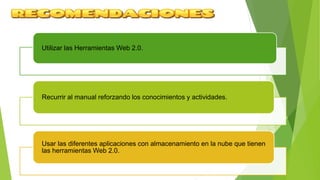 Utilizar las Herramientas Web 2.0.
Recurrir al manual reforzando los conocimientos y actividades.
Usar las diferentes aplicaciones con almacenamiento en la nube que tienen
las herramientas Web 2.0.
 