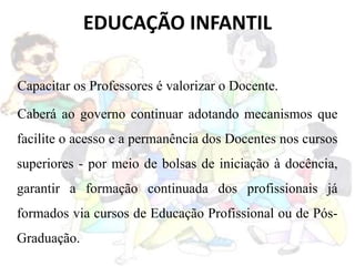 EDUCAÇÃO INFANTIL
Capacitar os Professores é valorizar o Docente.
Caberá ao governo continuar adotando mecanismos que
facilite o acesso e a permanência dos Docentes nos cursos
superiores - por meio de bolsas de iniciação à docência,
garantir a formação continuada dos profissionais já
formados via cursos de Educação Profissional ou de Pós-
Graduação.
 