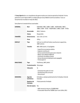 El Sony Xperia U es un smartphone de gama media con sistema operativo Android. Forma 
parte de la serie Xperia NXT y es fabricado por Sony Mobile Communications. Tuvo un 
lanzamiento mundial en mayo de 2012. 
Sony Xperia U características avanzadas 
GENERAL Red GSM 850 / 900 / 1800 / 1900 - HSDPA 850 / 900 / 
1900 / 2100 - ST25i - HSDPA 850 / 1900 / 2100 - ST25a 
Anunciado 2012, Febrero 
Status Disponible 
TAMAÑO Dimensiones 112 x 54 x 12 mm 
Peso 110 g 
DISPLAY Tipo LCD con luz LED de fondo, touchscreen capacitivo, 
16M colores 
Tamaño 480 x 854 pixels, 3.5 pulgadas 
- Superficie resistente a daños 
- Soporte multitouch 
- Sensor acelerómetro para auto rotación 
- Motor Sony Mobile BRAVIA 
- Controles sensibles al tacto 
- Sensor de proximidad para auto apagado 
- Timescape UI 
RINGTONES Tipo Polifónico, MP3, WAV 
Customización Descargas 
Vibración Si 
- Conector de audio 3.5 mm 
- Sonido Sony 3D surround 
- Sony xLoud 
MEMORIA Agenda 
telefónica 
Entradas y campos prácticamente ilimitados, Foto de 
llamada 
Registro de 
llamadas 
Prácticamente ilimitado 
Slot de tarjeta No 
- 4GB memoria interna, 512MB RAM 
- Procesador NovaThor U8500 dual-core 1GHz, GPU 
 