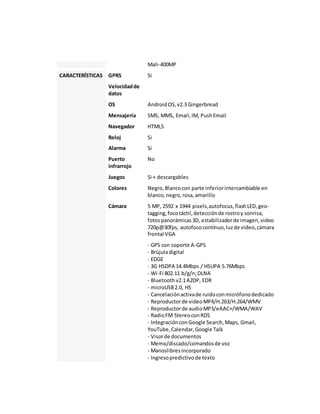 Mali-400MP 
CARACTERÍSTICAS GPRS Si 
Velocidad de 
datos 
OS Android OS, v2.3 Gingerbread 
Mensajería SMS, MMS, Email, IM, Push Email 
Navegador HTML5 
Reloj Si 
Alarma Si 
Puerto 
No 
infrarrojo 
Juegos Si + descargables 
Colores Negro, Blanco con parte inferior intercambiable en 
blanco, negro, rosa, amarillo 
Cámara 5 MP, 2592 x 1944 pixels, autofocus, flash LED, geo-tagging, 
foco táctil, detección de rostro y sonrisa, 
fotos panorámicas 3D, estabilizador de imagen, video 
720p@30fps, autofoco contínuo, luz de video, cámara 
frontal VGA 
- GPS con soporte A-GPS 
- Brújula digital 
- EDGE 
- 3G HSDPA 14.4Mbps / HSUPA 5.76Mbps 
- Wi-Fi 802.11 b/g/n; DLNA 
- Bluetooth v2.1 A2DP, EDR 
- microUSB 2.0, HS 
- Cancelación activa de ruido con micrófono dedicado 
- Reproductor de video MP4/H.263/H.264/WMV 
- Reproductor de audio MP3/eAAC+/WMA/WAV 
- Radio FM Stereo con RDS 
- Integración con Google Search, Maps, Gmail, 
YouTube, Calendar, Google Talk 
- Visor de documentos 
- Memo/discado/comandos de voz 
- Manoslibres incorporado 
- Ingreso predictivo de texto 
 
