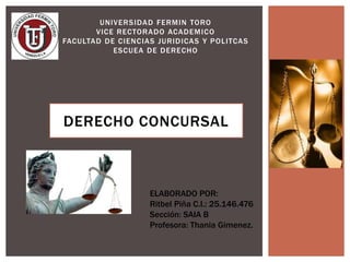 DERECHO CONCURSAL
UNIVERSIDAD FERMIN TORO
VICE RECTORADO ACADEMICO
FACULTAD DE CIENCIAS JURIDICAS Y POLITCAS
ESCUEA DE DERECHO
ELABORADO POR:
Ritbel Piña C.I.: 25.146.476
Sección: SAIA B
Profesora: Thania Gimenez.
 
