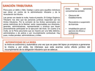 SANCIÓN TRIBUTARIA
Pena para un delito o falta. Castigo o pena para aquellos individuos
que obran en contra de la administración tributaria y de la
recaudación de tributos.
Las penas van desde la multa, hasta el presidio, El Código Orgánico
Tributario nos dice que las personas jurídicas responden por los
ilícitos tributarios. Por la comisión de los ilícitos sancionados con
penas restrictivas de la libertad, serán responsables sus directores,
gerentes, administradores, representantes o síndicos que hayan
personalmente participado en la ejecución del ilícito. En cuanto a la
multa, es la Pena pecuniaria que se impone por una falta delictiva,
administrativa o de policía o por incumplimiento contractual. Hay
pues, multas penales, administrativas y civiles.
Entre otras sanciones
concentramos también:
• Clausura del
Establecimiento
• Revocatoria o suspensión
de licencias
• Inhabilitación para el
ejercicio de oficios y
profesiones
la mora es autónoma y automática una vez que se pasa del lapso ya empieza a generarse
la misma y por ende, los intereses que esta acarrea como efecto jurídico del
incumplimiento de la obligación tributaria que se adecua.
AUTOMATICIDAD DE LA MORA
 