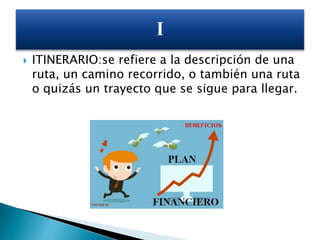  ITINERARIO:se refiere a la descripción de una
ruta, un camino recorrido, o también una ruta
o quizás un trayecto que se sigue para llegar.
 