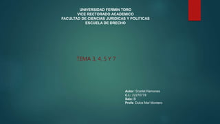 UNIVERSIDAD FERMIN TORO
VICE RECTORADO ACADEMICO
FACULTAD DE CIENCIAS JURIDICAS Y POLITICAS
ESCUELA DE DRECHO
TEMA 3, 4, 5 Y 7
Autor: Scarlet Ramones
C.I.: 22270778
Saia: B
Profe: Dulce Mar Montero
 