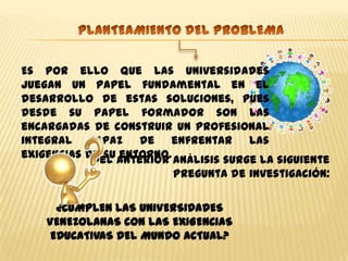 Es por ello que las universidades
juegan un papel fundamental en el
desarrollo de estas soluciones, pues
desde su papel formador son las
encargadas de construir un profesional
integral capaz de enfrentar las
exigencias de su anterior análisis surge la siguiente
            Del entorno.
                          pregunta de investigación:

      ¿CUMPLEN LAS UNIVERSIDADES
    VENEZOLANAS CON LAS EXIGENCIAS
     EDUCATIVAS DEL MUNDO ACTUAL?
 