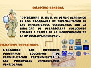 “DETERMINAR EL NIVEL DE DÉFICIT ACADÉMICO
          EN LOS PROGRAMAS DE ESPECIALIZACIÓN EN
          LAS UNIVERSIDADES VENEZOLANAS CON LA
          FINALIDAD DE DESARROLLAR SOLUCIONES
          EFICACES A TRAVÉS DE LA INCORPORACIÓN DE
          LA INTERSISCIPLINARIEDAD”.



1.-Examinar     los      diferentes
programas        educativos      de
especialización pertenecientes a
las    principales   universidades
venezolanas.
 