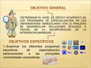 “DETERMINAR EL NIVEL DE DÉFICIT ACADÉMICO EN
            LOS PROGRAMAS DE ESPECIALIZACIÓN EN LAS
            UNIVERSIDADES VENEZOLANAS CON LA FINALIDAD
            DE DESARROLLAR SOLUCIONES EFICACES A
            TRAVÉS    DE   LA   INCORPORACIÓN    DE   LA
            INTERSISCIPLINARIEDAD”.




1.-Examinar los diferentes programas
educativos       de       especialización
pertenecientes    a    las    principales
universidades venezolanas.
 