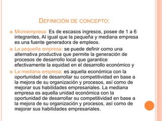 DEFINICIÓN DE CONCEPTO:
 Microempresa: Es de escasos ingresos, posee de 1 a 6
integrantes, Al igual que la pequeña y mediana empresa
es una fuente generadora de empleos.
 La pequeña empresa: se puede definir como una
alternativa productiva que permite la generación de
procesos de desarrollo local que garantice
efectivamente la equidad en el desarrollo económico y
 La mediana empresa: es aquella económica con la
oportunidad de desarrollar su competitividad en base a
la mejora de su organización y procesos, así como de
mejorar sus habilidades empresariales. La mediana
empresa es aquella unidad económica con la
oportunidad de desarrollar su competitividad en base a
la mejora de su organización y procesos, así como de
mejorar sus habilidades empresariales.
 