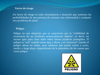 Un factor de riesgo es toda circunstancia o situación que aumenta las
probabilidades de una persona de contraer una enfermedad o cualquier
otro problema de salud.
Factor de riesgo
Peligro es una situación que se caracteriza por la "visibilidad de
ocurrencia de un incidente potencialmente dañino", es decir, un
suceso apto para crear daño sobre bienes jurídicos protegidos. El
peligro es "real" cuando existe aquí y ahora, y es "potencial" cuando el
peligro ahora no existe, pero sabemos que puede existir a corto,
medio, o largo plazo, dependiendo de la naturaleza de las causas que
crean peligro.
Peligro
 