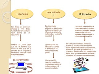 Hipertexto
Interactivida
d Multimedia
Son datos que contienen
enlaces a otros datos.
Puede haber en cualquier
lugar dentro de un
documento
También se puede decir
que es el nombre que
recibe el texto que en la
pantalla de un dispositivo
electrónico conduce a otro
texto relacionado
Es el concepto
utilizado en las ciencias
de la comunicación, en
informática, en diseño
multimedia y en diseño
industrial
Comunicación no
interactiva: cuando
el mensaje no se
relaciona con otro
previo.
Comunicación
reactiva: cuando un
mensaje se relaciona
únicamente con el
previo inmediato
Se utiliza para referirse a
cualquier objeto o sistema
que utiliza múltiples medios
de expresión físicos o
digitales para presentar o
comunicar información
Se habla de multimedia interactiva
cuando el usuario tiene libre control
sobre la presentación de los contenidos,
acerca de qué es lo que desea ver y
cuándo; a diferencia de una presentación
lineal, en la que es forzado a visualizar
contenido en un orden predeterminado.
 
