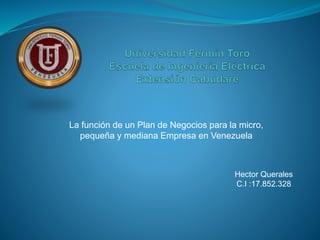 La función de un Plan de Negocios para la micro, 
pequeña y mediana Empresa en Venezuela 
Hector Querales 
C.I :17.852.328 
 