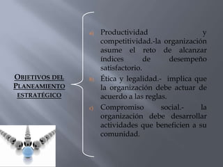 a)   Productividad                  y
                     competitividad.-la organización
                     asume el reto de alcanzar
                     índices        de     desempeño
                     satisfactorio.
OBJETIVOS DEL   b)   Ética y legalidad.- implica que
PLANEAMIENTO         la organización debe actuar de
ESTRATÉGICO          acuerdo a las reglas.
                c)   Compromiso         social.-   la
                     organización debe desarrollar
                     actividades que beneficien a su
                     comunidad.
 
