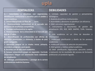 FORTALEZAS                                 DEBILIDADES
1.     Autoridades y directivos con experiencias,            1. Limitada capacidad de gestión y pensamientos
identificación institucional e iniciativa para el cambio y   estratégicos.
mejora continua.                                             2. Ausencia de políticas institucionales.
2. Universidad privada sin fines de       lucro.             3. Autoridades y directores no planifican con eficiencia.
3. Posicionamiento institucional en el mercado con           4. Débil estructura organizacional.
pensiones de enseñanzas competitivas.                        5. Instrumentos y documentos de gestión des
4. Prestigio institucional en la región.                     actualización (PEI, ROF, MOF, MAPRO, TUPA, Estatuto,
5. Posicionamiento de la universidad en el mercado por       etc.).
más de 17 años.                                              6. Vida académica en un clima de desorden e
6. Diversificación de profesionales con ofertas de           informalidad.
educación presenciales y a distancia, a niveles de post      7. Inadecuada planificación y diseño de los procesos
grado y pregrado.                                            académicos.
7. Educación integral en su niveles inicial, primaria,       8. Inadecuado proceso de selección de postulantes.
secundaria, pregrado y post grado.                           9. Débil gestión y relativa calidad académica.
8. Docentes con de alto nivel académico.                     10. Débil planificación, organización, ejecución, control,
9. Campus universitario propio en expansión. Currículo       y evaluación de los resultados del proceso de formación
universitario integral con orientación hacia estándares      profesional y el producto logrado.
de acreditación.
10. Liderazgo, posicionamiento y prestigio de la carrera
profesional de medicina humana.
 