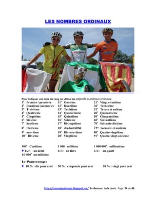 LES NOMBRES ORDINAUX




Pour indiquer une idée de rang on utilise les adjectifs numéraux ordinaux.
1e Premier / première        11e   Onzième                 21e   Vingt et unième
2e Deuxième (second/ e)      12e   Douzième                30e   Trentième
3e Troisième                 13e   Treizième               31e   Trente et unième
4e Quatrième                 14e   Quatorzième             40e   Quarantième
5e Cinquième                 15e   Quinzième               50e   Cinquantième
6e Sixième                   16e   Seizième                60e   Soixantième
7e Septième                  17e   Dix-septième            70e   Soixante-dixième
8e Huitième                  18e   dix-huitième            71e   Soixante et onzième
9e neuvième                  19e   Dix-neuvième            80e   Quatre-vingtième
10e Dixième                  20e   Vingtième               91e   Quatre-vingt-onzième


100e Centième                1 000 millième                1 000 000e millionième
♦ 1/2 : un demi              1/3 : un tiers                1/4 : un quart
1/1 000e un millième

Le Pourcentage:
♦ 10 % : dix pour cent       50 % : cinquante pour cent           20 % : vingt pour cent




                  http://francaisjudelouis.blogspot.mx/ Professeur: Jude Louis. Page 24 de 46
 