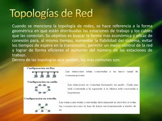 Cuando se menciona la topología de redes, se hace referencia a la forma
geométrica en que están distribuidas las estaciones de trabajo y los cables
que las conectan. Su objetivo es buscar la forma más económica y eficaz de
conexión para, al mismo tiempo, aumentar la fiabilidad del sistema, evitar
los tiempos de espera en la transmisión, permitir un mejor control de la red
y lograr de forma eficiente el aumento del número de las estaciones de
trabajo.
Dentro de las topologías que existen, las más comunes son:
 