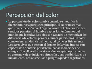  Percepción del color La percepción del color cambia cuando se modifica la fuente luminosa porque en principio, el color no es mas que una percepción en el órgano visual del observador. Los sentidos permiten al hombre captar los fenómenos del mundo que lo rodea. Los ojos son capaces de memorizar las diferencias de colores, pero casi nunca percibimos un color como es en realidad visualmente, tal como es físicamente. Los seres vivos que poseen el órgano de la vista intacto son capaces de orientarse por determinadas radiaciones de energía. Con ello están en situación de captar ópticamente su entorno y de enjuiciar su situación y sus posibilidades de movimiento. Los obstáculos o peligros quedan registrados. 