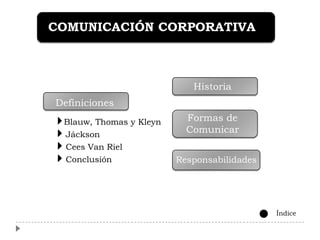 COMUNICACIÓN CORPORATIVA



                            Historia
Definiciones
 Blauw, Thomas y Kleyn     Formas de
 Jáckson
                           Comunicar
 Cees Van Riel
 Conclusión              Responsabilidades




                                             Índice
 