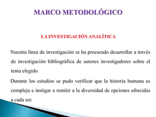 LA INVESTIGACIÓN ANALÍTICA
Nuestra línea de investigación se ha procurado desarrollar a través
de investigación bibliográfica de autores investigadores sobre el
tema elegido.
Durante los estudios se pudo verificar que la historia humana es
compleja e instigar a remitir a la diversidad de opciones ofrecidas
a cada ser.
 