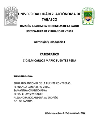 UNIVERSIDAD JUÁREZ AUTÓNOMA DE
               TABASCO
     DIVISIÓN ACADEMICA DE CIENCIAS DE LA SALUD
          LICENCIATURA DE CIRUJANO DENTISTA


                    Admisión y Exodoncia I


                        CATEDRATICO
        C.D.E.M CARLOS MARIO FUENTES PEÑA



ALUMNOS DEL 5TO A


EDUARDO ANTONIO DE LA FUENTE CONTRERAS.
FERNANDA CANDELERO VIDAL
SAMANTHA COUTIÑO PEÑA
PLEYSI CHAVEZ VINAGRE
ALEJANDRA BOCANEGRA AVENDAÑO
DE LOS SANTOS


                           Villahermosa Tab. A 17 de Agosto del 2012
 