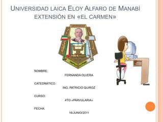 Universidad laica Eloy Alfaro de Manabí extensión en «el carmen» NOMBRE: 	 FERNANDA OLVERA CATEDRÁTICO: ING. PATRICIO QUIROZ CURSO:  4TO «PARVULARIA» FECHA: 16/JUNIO/2011 