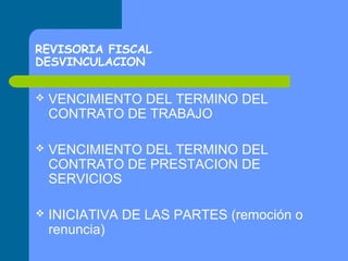 REVISORIA FISCAL
DESVINCULACION


VENCIMIENTO DEL TERMINO DEL
CONTRATO DE TRABAJO



VENCIMIENTO DEL TERMINO DEL
CONTRATO DE PRESTACION DE
SERVICIOS



INICIATIVA DE LAS PARTES (remoción o
renuncia)

 