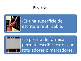 Pizarras
-Es una superficie de
escritura reutilizable.
-La pizarra de fórmica
permite escribir textos con
rotuladores o marcadores.
 