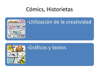 Cómics, Historietas
-Utilización de la creatividad
-Gráficos y textos
 