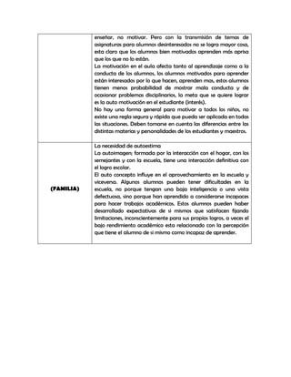 enseñar, no motivar. Pero con la transmisión de temas de
            asignaturas para alumnos desinteresados no se logra mayor cosa,
            esta claro que los alumnos bien motivados aprenden más aprisa
            que los que no lo están.
            La motivación en el aula afecta tanto al aprendizaje como a la
            conducta de los alumnos, los alumnos motivados para aprender
            están interesados por lo que hacen, aprenden mas, estos alumnos
            tienen menos probabilidad de mostrar mala conducta y de
            ocasionar problemas disciplinarios, la meta que se quiere lograr
            es la auto motivación en el estudiante (interés).
            No hay una forma general para motivar a todos los niños, no
            existe una regla segura y rápida que pueda ser aplicada en todas
            las situaciones. Deben tomarse en cuenta las diferencias entre las
            distintas materias y personalidades de los estudiantes y maestros.

            La necesidad de autoestima
            La autoimagen; formada por la interacción con el hogar, con los
            semejantes y con la escuela, tiene una interacción definitiva con
            el logro escolar.
            El auto concepto influye en el aprovechamiento en la escuela y
            viceversa. Algunos alumnos pueden tener dificultades en la
(FAMILIA)   escuela, no porque tengan una baja inteligencia o una vista
            defectuosa, sino porque han aprendido a considerarse incapaces
            para hacer trabajos académicos. Estos alumnos pueden haber
            desarrollado expectativas de si mismos que satisfacen fijando
            limitaciones, inconscientemente para sus propios logros, a veces el
            bajo rendimiento académico esta relacionado con la percepción
            que tiene el alumno de si mismo como incapaz de aprender.
 
