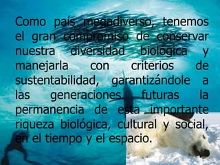 Como país megadiverso, tenemos
el gran compromiso de conservar
nuestra diversidad biológica y
manejarla con criterios de
sustentabilidad, garantizándole a
las generaciones futuras la
permanencia de esta importante
riqueza biológica, cultural y social,
en el tiempo y el espacio.
 