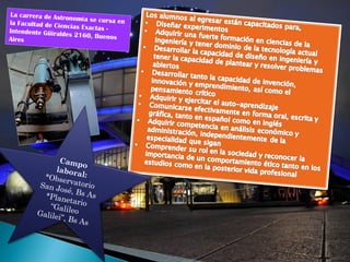 La carrera de Astronomía se cursa enla Facultad de Ciencias Exactas -Intendente Güiraldes 2160, BuenosAires
Campo
laboral:*ObservatorioSan José, Bs As*Planetario“GalileoGalilei”, Bs As
 
