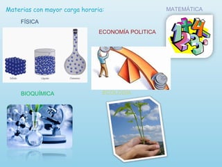 Materias con mayor carga horaria:
FÍSICA
MATEMÁTICA
BIOQUÍMICA
ECONOMÍA POLITICA
ECOLOGÍA
 
