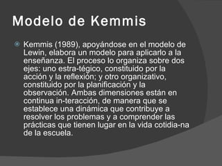 Modelo de Kemmis Kemmis (1989), apoyándose en el modelo de Lewin, elabora un modelo para aplicarlo a la enseñanza. El proceso lo organiza sobre dos ejes: uno estra­tégico, constituido por la acción y la reflexión; y otro organizativo, constituido por la planificación y la observación. Ambas dimensiones están en continua in­teracción, de manera que se establece una dinámica que contribuye a resolver los problemas y a comprender las prácticas que tienen lugar en la vida cotidia­na de la escuela. 