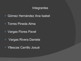 Integrantes Gómez Hernández Ana Isabel Torres Pineda Alma Vargas Flores Pavel Vargas Rivera Daniela Yllescas Carrillo Josué 