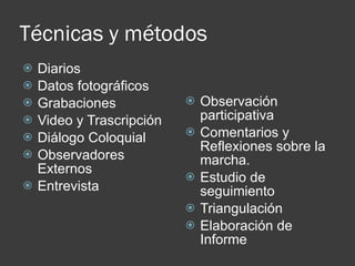 Técnicas y métodos Diarios Datos fotográficos Grabaciones Video y Trascripción Diálogo Coloquial Observadores Externos Entrevista Observación participativa Comentarios y Reflexiones sobre la marcha. Estudio de seguimiento Triangulación Elaboración de Informe 