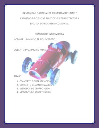 UNIVERSIDAD NACIONAL DE CHIMBORAZO “UNACH”FACULTAD DE CIENCIAS POLITICAS Y ADMINISTRATIVASESCUELA DE INGENIERIA COMERCIALTRABAJO DE INFORMATICANOMBRE: JIMMY EICLER NOLE CEDEÑODOCENTE: ING. RAMIRO RUALESTEMAS: CONCEPTO DE DEPRECIACIONCONCEPTO DE AMORTIZACIONMETODOS DE DEPRECIACIONMETODOS DE AMORTIZACIONcentercenterMétodos de DepreciaciónDepreciación es el término que se utiliza más a menudo para dar a entender que el activo tangible de la planta ha disminuido en potencial de servicio. Cuando los recursos naturales, como madera, petróleo y carbón constituyen el activo, se emplea el término agotamiento. A la terminación de un activo tangible, como lo son las patentes y el crédito mercantil, se llama amortización.Para los contadores, la depreciación no es un asunto de valuación sino una manera de asignar el costosa. Los activos no se deprecian basándose en una disminución de su valor justo de mercado sino cargando sistemáticamente el costo al ingreso.MÉTODOS DE DEPRECIACIÓNMétodo basado en la actividadPresupone que la depreciación está en función al uso o la productividad y no del paso del tiempo. La vida del activo se considera en términos de su rendimiento (unidades que produce) o del número de horas que trabaja. Conceptualmente, la asociación adecuada del costo se establece en términos del rendimiento y no de las horas de uso; pero muchas veces la producción no es homogénea y resulta difícil de medir.(Costo menos valor de desecho) X horas de uso en el año = cargo por Total de horas estimadas depreciaciónMétodo de línea rectaEste método de línea recta supera algunas de las objeciones que se oponen al método basado en la actividad, porque la depreciación se considera como función del tiempo y no del uso. Este método se aplica ampliamente en la práctica, debido a su simplicidad. El procedimiento de línea recta también se justifica a menudo sobre una base más teórica. Cuando la obsolescencia progresiva es la causa principal de una vida de servicio limitada, la disminución de utilidad puede ser constante de un periodo a otro. En este caso el método de línea recta es el apropiado. El cargo de depreciación se calcula del siguiente modo:Costo menos valor de desecho = Cargo por depreciaciónvida estimada de servicioMétodos de cargo decrecienteLos métodos de cargo decreciente permiten hacer cargos por depreciación más altos en los primeros años y más bajos en los últimos periodos. El método se justifica alegando que, puesto que el activo es más eficiente o sufre la mayor pérdida en materia de servicios durante los primeros años, se debe cargar mayor depreciación en esos años. Por lo general con el método del cargo decreciente se siguen dos enfoques: el de suma de números dígitos o el de doble cuota sobre valor en libros.Suma de números dígitosda lugar a un cargo decreciente por depreciación basado en una fracción decreciente del costo depreciable (el costo original menos el valor de desecho). Con cada fracción se usa la suma de los años como denominador (5+4+3+2+1=15), mientras que el número de años de vida estimada que resta al principiar el año viene a ser el numerador. Con este método, el numerador disminuye año con año aunque el denominador permanece constante (5/15,4/15,3/15,2/15 y 1/15) al terminar la vida útil del activo, el saldo debe ser igual al valor de desecho. Ejemplo:AñoBase de la depreciaciónVida restante en añosFracción de la depreciaciónGasto por depreciaciónValor en libros al finalizar el año145000055/15150000350000245000044/1512000230000345000022/156000080000545000011/1530000500001515/15450000Doble cuota sobre valor en librosUtiliza una tasa de depreciación que viene a ser el doble de la que se aplica en línea recta. A diferencia de lo que ocurre con otros métodos, el valor de desecho se pasa por alto al calcular la base de la depreciación. La tasa de doble cuota se multiplica por el valor en libros que tiene el activo al comenzar cada periodo. Además, el valor en libros se reduce cada periodo en cantidad igual al cargo por depreciación. De manera que cada año la doble tasa constante se aplica a un valor en libros sucesivamente más bajo. Siguiendo el ejemplo anterior, tendríamos:AñoValor en libro de activos al principiar el añotasa sobre el saldo decrecientecargo por depreciaciónsaldo de la depreciación acumuladavalor en libros al finalizar el año150000040%200000200000300000230000040%12000320000180000318000040%72000392000108000410800040%432004352006480056480040%148004500050000Con base en el doble de la tasa del 20% aplicada en línea recta (90000/450000= 20%; 20% X 2 = 40%). Se limita a $14800 porque el valor en libros no debe ser menor que el valor de desecho.<br />Amortización<br />La amortización es un término económico y contable, referido al proceso de distribución en el tiempo de un valor duradero. Adicionalmente se utiliza como sinónimo de depreciación en cualquiera de sus métodos.<br />Se emplea referido a dos ámbitos diferentes casi opuestos: la amortización de un activo o la amortización de un pasivo. En ambos casos se trata de un valor, habitualmente grande, con una duración que se extiende a varios periodos o ejercicios, para cada uno de los cuales se calcula una amortización, de modo que se reparte ese valor entre todos los periodos en los que permanece.<br />Amortizar es el proceso financiero mediante el cual se extingue, gradualmente, una deuda por medio de pagos periódicos, que pueden ser iguales o diferentes.<br />En las amortizaciones de una deuda, cada pago o cuota que se entrega sirve para pagar los intereses y reducir el importe de la deuda.<br />Contenido1 Amortización de un pasivo2 Amortización de un activo3 Amortización desde el punto de vista contable4 Enlaces externos<br />Amortización de un pasivo<br />La obligación de devolver un préstamo recibido de un banco es un pasivo, cuyo importe se va reintegrando en varios pagos diferidos en el tiempo. La parte de capital (o principal) que se cancela en cada uno de esos pagos es una amortización Los métodos más frecuentes para repartir el importe en el tiempo y segregar principal de intereses son el Francés, Alemán y el Americano. Todos estos métodos son correctos desde el punto de vista contable y están basados en el concepto de interés compuesto. Las condiciones pactadas al momento de acordar el préstamo determinan cual de los sistemas se utilizará.<br />El sistema Francés consiste en determinar una cuota fija. Mediante el cálculo apropiado del interés compuesto se segrega el principal (que será creciente) de los intereses (decrecientes).<br />El sistema Alemán determina que la amortización de capital sea fija. Por lo tanto los intereses y la cuota total serán decrecientes.<br />El sistema Americano establece una sola amortización al final de un período, en el cual solo se pagan intereses. Al no haber pagos de capital, los intereses son fijos.<br />Las cuotas crecientes al tipo de interes: donde lo que se asegura es que la subida de cuota es el tipo de interes del mercado, una vez hallada la cuota inicial, su caracteristica es que permite comparar entre alquiler y compra y dar seguridad de pago, si revalorizas tu salario a la inflación, por amortización parcial, desde el, se obtienen el metodo frances y aleman, el americano no, pues no es propiamente, un metodo de amortización, dentro del prestamo sino al final.<br />Es posible determinar un cuadro de amortización distinto a los anteriormente mencionados en el texto.<br />Amortización de un activo<br />Existen varios métodos de amortización, tanto de activos inmovilizados (cuotas fijas, crecientes, decrecientes,...). Se trata de técnicas aritméticas para repartir un importe determinado, el valor a amortizar, en varias cuotas, correspondientes a varios periodos.<br />Desde el punto de vista lingüístico la expresión depreciación es más apropiada para reflejar la pérdida de valor de los activos materiales (también llamados bienes de uso). Sin embargo, las normas contables de algunos países eligen la expresión amortización.<br />Amortización desde el punto de vista contable<br />Amortizar significa considerar que un determinado elemento del activo fijo empresarial ha perdido, por el mero paso del tiempo, parte de su valor. Para reflejar contablemente este hecho, y en atención al método contable de partida doble, hay que: 1º Dotar una amortización, es decir, considerar como pérdida del ejercicio la disminución del valor experimentado. 2º Crear una cuenta negativa en el activo del balance, que anualmente vería incrementado su saldo con la indicada disminución del valor del bien. De esta forma todo elemento del activo fijo de la empresa vendría reflejado por dos cuentas, una positiva, que recogería el valor de su adquisición u obtención, y otra negativa (llamada de Amortización Acumulada), en la cual se indica lo que vale de menos como consecuencia del paso del tiempo.<br />Se trata de un artificio contable tendiente a conseguir una mayor aproximación a la realidad económica y financiera de la empresa, y no un fondo de dinero reservado de alguna forma para reponer el inmovilizado al finalizar su vida útil. Para calcular la cuota de amortización para un periodo determinado existen diferentes métodos:<br />a) Amortización según tablas<br />b) Amortización constante, lineal o de cuota fija<br />c) Amortización degresiva con porcentaje constante<br />d) Amortización degresiva por suma de dígitos<br />e) Amortización degresiva por progresión aritmética decreciente<br />f) Amortización progresiva<br />g) Amortización variable<br />h) Amortización acelerada<br />i) Amortización libre<br />MÉTODOS DE AMORTIZACIÓN<br />Son los distintos sistemas que permiten determinar la reducción del valor que se produce en los elementos de activo fijo y que debe aplicarse sistemáticamente en función de la vida útil de los bienes, atendiendo a la depreciación que normalmente sufren por su funcionamiento, uso y disfrute, sin perjuicio de considerar también la obsolescencia que pudiera afectarlos. Los métodos aplicables en función de la naturaleza del bien y de la actividad de la empresa son:-Sistema de amortización lineal<br />Métodos de Amortización     <br />Para realizar amortizaciones se dispone de los siguientes métodos: <br />1: Amortización Lineal2: Amortización Degresiva según Porcentaje Constante3: Amortización Degresiva según Suma de Dígitos4: Amortización Progresiva según Suma de Dígitos5: Bien no Amortizable <br />