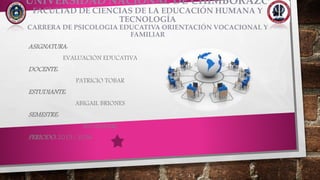 UNIVERSIDAD NACIONAL DE CHIMBORAZO
FACULTAD DE CIENCIAS DE LA EDUCACIÓN HUMANA Y
TECNOLOGÍA
CARRERA DE PSICOLOGIA EDUCATIVA ORIENTACIÓN VOCACIONAL Y
FAMILIAR
ASIGNATURA:
EVALUACIÓN EDUCATIVA
DOCENTE:
PATRICIO TOBAR
ESTUDIANTE:
ABIGAIL BRIONES
SEMESTRE:
6TO SEMESTRE
PERIODO: 2015 / 2016
 