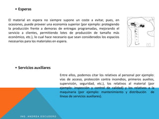 • Esperas
• Servicios auxiliares
El material en espera no siempre supone un coste a evitar, pues, en
ocasiones, puede proveer una economía superior (por ejemplo: protegiendo
la producción frente a demoras de entregas programadas, mejorando el
servicio a clientes, permitiendo lotes de producción de tamaño más
económico, etc.), lo cual hace necesario que sean considerados los espacios
necesarios para los materiales en espera.
Entre ellos, podemos citar los relativos al personal por ejemplo:
vías de acceso, protección contra incendios, primeros auxilios,
supervisión, seguridad, etc.), los relativos al material (por
ejemplo: inspección y control de calidad) y los relativos a la
maquinaria (por ejemplo: mantenimiento y distribución de
líneas de servicios auxiliares).
I N G . A N D R E A E S C U D E R O
 