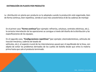 DISTRIBUCIÓN EN PLANTA POR PRODUCTO
La distribución en planta por producto es la adoptada cuando la producción está organizada, bien
de forma continua, bien repetitiva, siendo el caso más característico el de las cadenas de montaje
En el primer caso “Forma continua”(por ejemplo: refinerías, celulosas, centrales eléctricas, etc.),
la correcta interrelación de las operaciones se consigue a través del diseño de la distribución y las
especificaciones de los equipos.
En el segundo caso, “Configuraciones repetitivas” (por ejemplo: electrodomésticos, vehículos de
tracción mecánica, cadenas de lavado de
vehículos, etc.), el aspecto crucial de las interrelaciones pasará por el equilibrado de la línea, con
objeto de evitar los problemas derivados de los cuellos de botella desde que entra la materia
prima hasta que sale el producto terminado.
I N G . A N D R E A E S C U D E R O
 