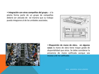 • Integración con otras compañías del grupo.- si la
planta forma parte de un grupo de compañías
deberá ser ubicada de tal manera que su trabajo
pueda integrarse al de las unidades asociadas.
• Disposición de mano de obra.- en algunos
casos la mano de obra tiene mayor grado de
disponibilidad que otros. Se debe considerar la
presencia de mano calificada aunque sea
escasa y de no calificada.
I N G . A N D R E A E S C U D E R O
 