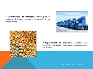 • Disponibilidad de transporte.- tanto para el
material (materias primas e insumos) y los
trabajadores.
• Disponibilidad de materiales.- cercanía de
proveedores a reducir costos y entrega oportuna de
los mismos.
I N G . A N D R E A E S C U D E R O
 