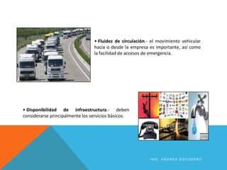 • Fluidez de circulación.- el movimiento vehicular
hacia o desde la empresa es importante, así como
la facilidad de accesos de emergencia.
• Disponibilidad de infraestructura.- deben
considerarse principalmente los servicios básicos.
I N G . A N D R E A E S C U D E R O
 