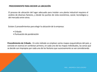 El proceso de ubicación del lugar adecuado para instalar una planta industrial requiere el
análisis de diversos factores, y desde los puntos de vista económico, social, tecnológico y
del mercado entre otros.
Procedimiento de Cribado.- En este método se emplean varios mapas esquemáticos del país, y
consiste en esencia en sombrear primero, en cada uno de los mapas individuales, las zonas que
se decide son impropias por cada uno de los factores que sucesivamente se van considerando
Existen 2 procedimientos para elegir la ubicación de la empresa:
• Cribado
• Puntuación de ponderación
PROCEDIMIENTO PARA DECIDIR LA UBICACIÓN
I N G . A N D R E A E S C U D E R O
 