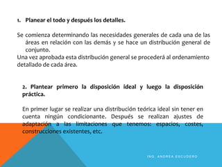 1. Planear el todo y después los detalles.
Se comienza determinando las necesidades generales de cada una de las
áreas en relación con las demás y se hace un distribución general de
conjunto.
Una vez aprobada esta distribución general se procederá al ordenamiento
detallado de cada área.
2. Plantear primero la disposición ideal y luego la disposición
práctica.
En primer lugar se realizar una distribución teórica ideal sin tener en
cuenta ningún condicionante. Después se realizan ajustes de
adaptación a las limitaciones que tenemos: espacios, costes,
construcciones existentes, etc.
I N G . A N D R E A E S C U D E R O
 