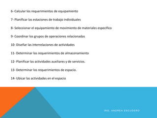 6- Calcular los requerimientos de equipamiento
7- Planificar las estaciones de trabajo individuales
8- Seleccionar el equipamiento de movimiento de materiales especifico
9- Coordinar los grupos de operaciones relacionadas
10- Diseñar las interrelaciones de actividades
11- Determinar los requerimientos de almacenamiento
12- Planificar las actividades auxiliares y de servicios.
13- Determinar los requerimientos de espacio.
14- Ubicar las actividades en el espacio
I N G . A N D R E A E S C U D E R O
 