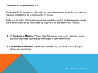 Elementos Base del Método S.L.P.
El Método S.L.P. se basa en el estudio de cinco elementos a partir de los cuales se
resuelve el problema de la distribución en planta.
Cada uno de estos elementos se asocia a una letra, siendo fácil de recordar con la
clave del alfabeto de las facilidades de ingeniería de planteamiento: PQRST.
1. El Producto o Material (P) que debe fabricarse, incluyendo materias primas,
piezas compradas y productos terminados o semi-terminados.
2. La Cantidad o Volumen (Q) de cada variedad de productos o artículos que
deben ser fabricados.
I N G . A N D R E A E S C U D E R O
 