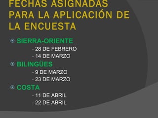FECHAS ASIGNADAS PARA LA APLICACIÓN DE LA ENCUESTA SIERRA-ORIENTE 28 DE FEBRERO 14 DE MARZO BILINGÜES 9 DE MARZO 23 DE MARZO COSTA 11 DE ABRIL 22 DE ABRIL 